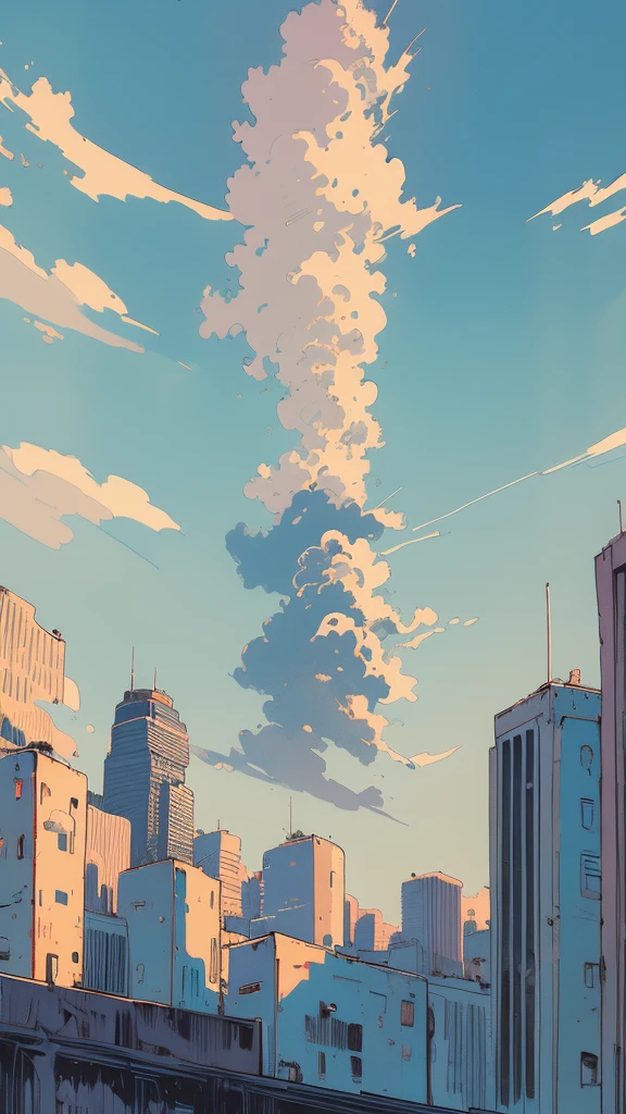 A vast landscape photo (view from below, with sky and buildings visible) There is a young man looking up at the sky. Street fashion, distant buildings, large cumulonimbus clouds, clear blue, (Detail: 1.4) (Best Quality: 1.4), 8K, Overwhelming writing, Very delicate (dynamic composition) illustration reminiscent of 80s anime.