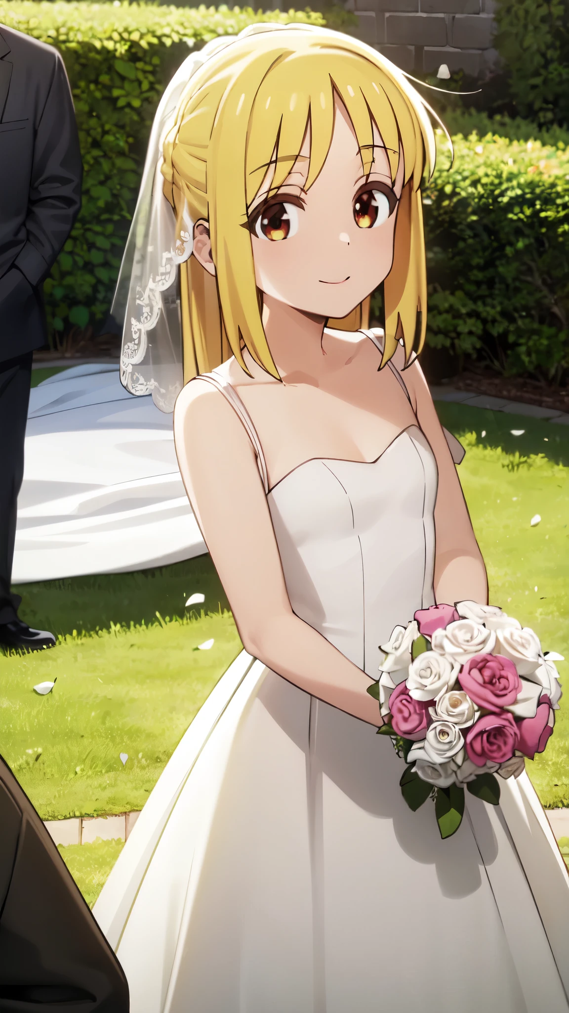 very cute and beautiful girl,(highly detailed beautiful face and eyes),(wedding dress:1.5), standing,tiny colorful flowers on grassland,
(smile),looking at viewer,yellow hair,long hair,cowboy shot,(Nijika Ijichi:1.5),brown eyes,
(best quality,masterpiece:1.0),absurdres,highres,ultra-detailed,extremely detailed,32K,
cinematic scene,detailed background,solo,dynamic angle,
hair fluttering in the wind,beautiful detailed sky,