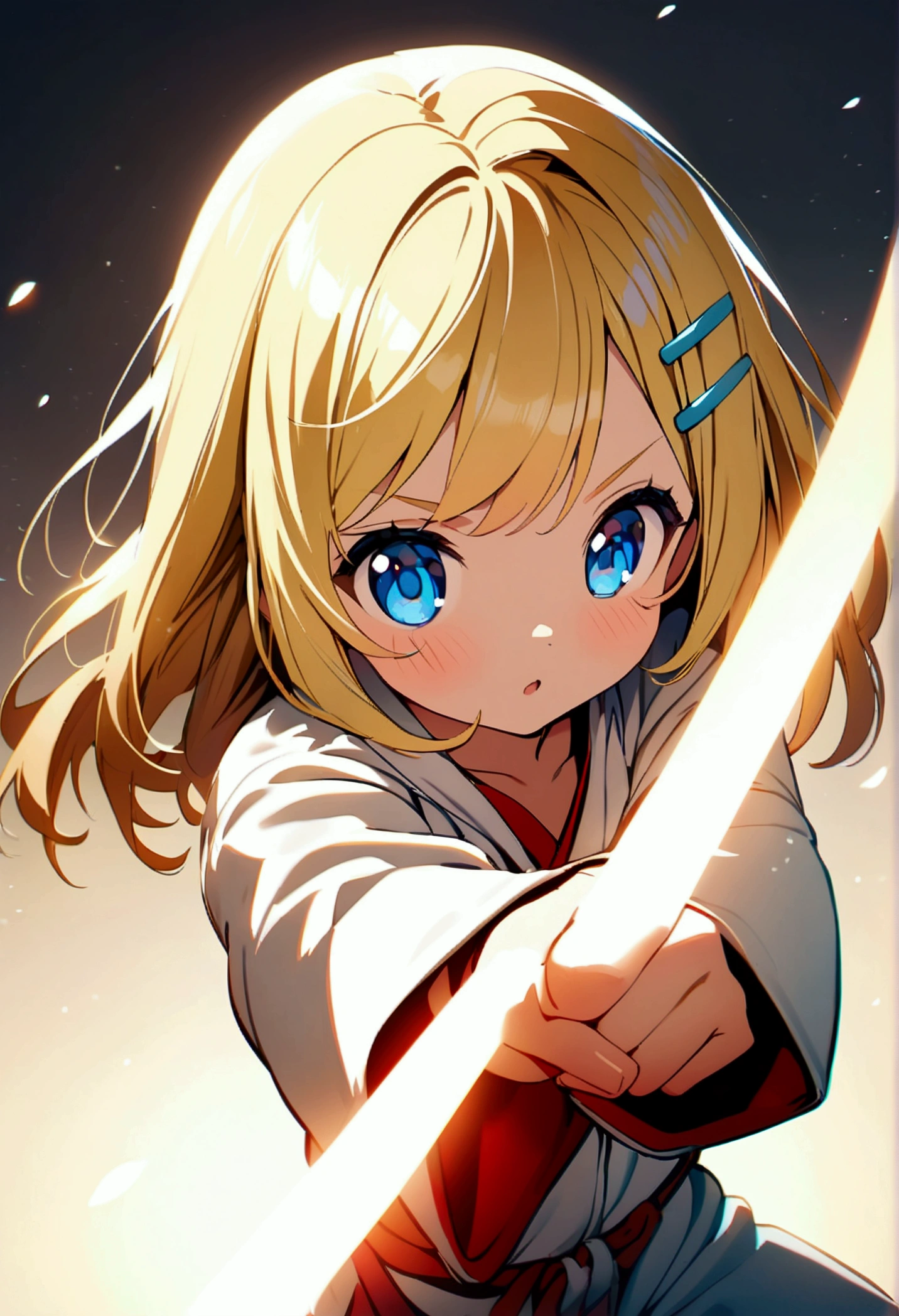 Anime child girl 8 years ( shoulder-length blond hair , hair clips, blue eyes) in karate suit. Karate pose. White background
