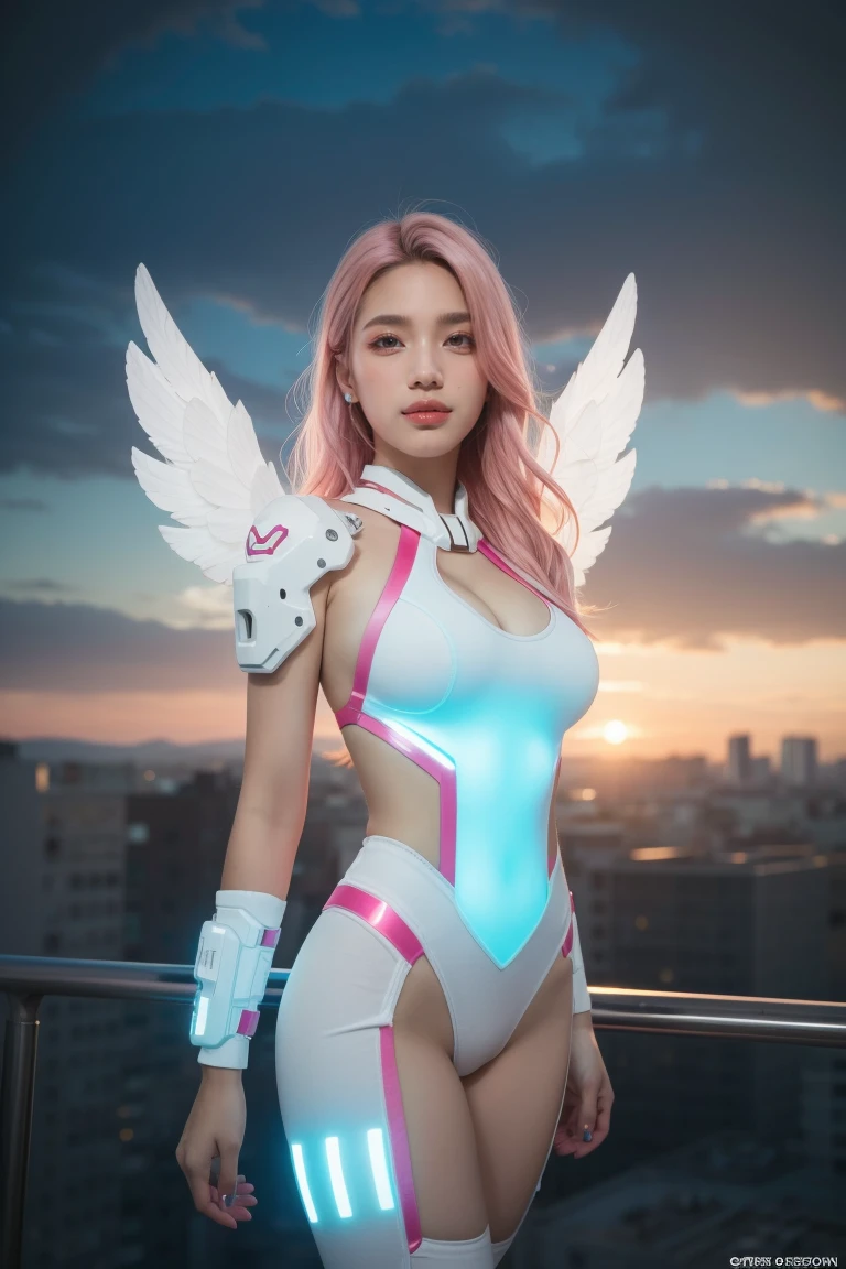 ((masterpiece, best quality, extremely detailed), volumetric lighting, ambient occlusion, colorful, glowing), 1girl, solo, young girl, (pink hair), long hair, halo, aura, sacred, godness, cyber suit, (white outfit:1.3), android, bot, angel wings, outdoors, sunset, sky, clouds, space, (cyberpunk theme:1.2),