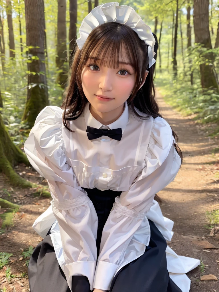 One Girl, (beautiful girl, Delicate girl:1.3), (************:1.3),
break, (Maid Costume:1.3),
break, (Sitting in the forest:1.2),
break, Very beautiful eyes, (Symmetrical eyes:1.3),
break, Small breasts, Brown eyes, Parted bangs, Brown Hair, (Upper teeth, The best smile:0.2),
break, (Eye and facial details:1.0),
break, (masterpiece, Highest quality, Very detailed, Detailed face, 8k)