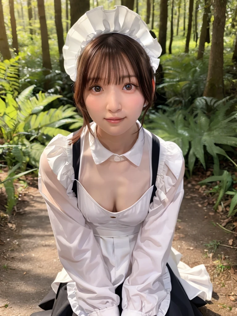 One Girl, (beautiful girl, Delicate girl:1.3), (:1.3),
break, (Maid Costume:1.3),
break, (Sitting in the forest:1.2),
break, Very beautiful eyes, (Symmetrical eyes:1.3),
break, Small breasts, Brown eyes, Parted bangs, Brown Hair, (Upper teeth, The best smile:0.2),
break, (Eye and facial details:1.0),
break, (masterpiece, Highest quality, Very detailed, Detailed face, 8k)