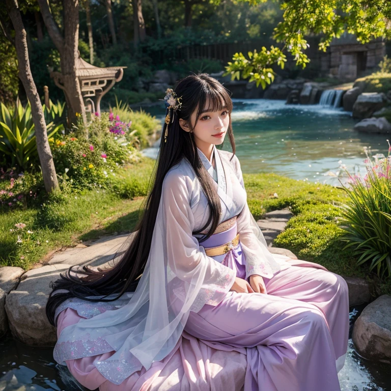 best quality, Delicate face,beautiful visual work, lifelike, eternity, black hair, Long curly hair, blunt bangs, Smile, Detailed Background, Delicate face,blush,cold,((masterpiece))、(top quality)、8k、high detail、Super detailed,21 years old female,Wearing Tang Dynasty Hanfu、waist skirt, Clothes are light and fluffy,Hanfu, wide sleeves, Transparent sleeves, Tunic, Clothes made of chiffon, Seductive and whimsical style、masterpiece、born、Scenes resembling fairy tale illustrations、Intricate details and complex designs、Beautifully、magic、capricious、 Beautifully、Dream aesthetics、「𝓡𝓸𝓶𝓪𝓷𝓽𝓲𝓬、ethereal、charming、fickle、magic」、Realism、Visual effects、FXAA、SSAO、Shaders、voiceless、ambient lighting、Tone mapping、High resolution、Ultra high quality、Million pixels、(8K resolution:1.10)、8k、Below 8K、8K resolution、high detail、intricate details, (high quality:1.2、masterpiece:1.2、:1.21)、(21 years old female:1.21)、(Smile excitedly)、(Surrounded by a dream-like atmosphere、Model diagram,full-body shot,Normal 2 feet,Put your hands behind you,The protrusion of the breast is visible when wearing clothes, Large Breasts, H cup chest, antiquity, Xian Xia, gauze clothes, Soft and fluttering, Fairy, dream, fantasy, light, elegant, nature, Immortal, romantic, classical, ribbon, light purple clothes, By the stream