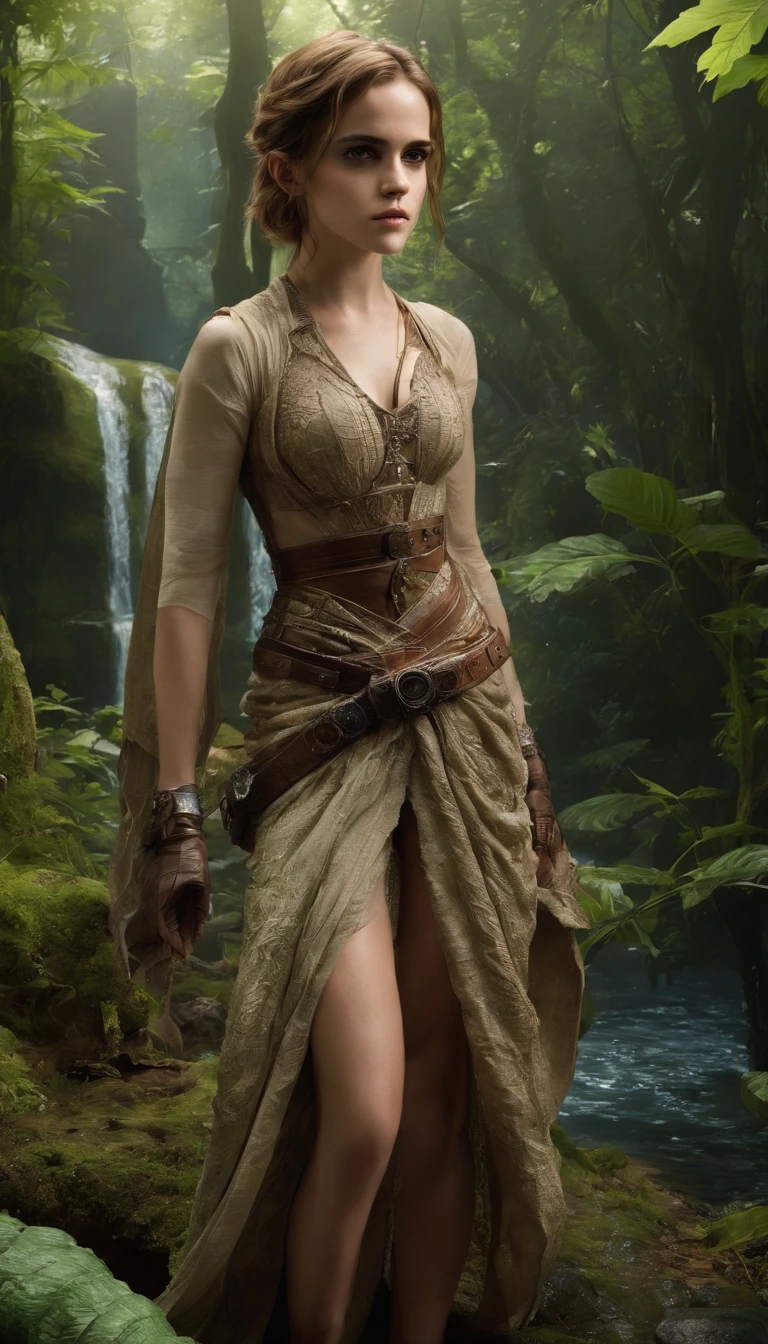 (Emma Watson)
(((Sexy Slave, Jabba The Hut))), (star wars) red slit slave leia dress, enchanted forest at twilight, ethereal light filtering through ancient towering trees, vividly detailed lush undergrowth, mystical creatures lurking in the shadows, sparkling fairy lights weaving through the foliage, a crystal-clear stream with water so pure it glows, cascading waterfall in the background with magical properties, fantasy wildlife drinking at the water's edge, highly detailed, photorealistic textures on every surface