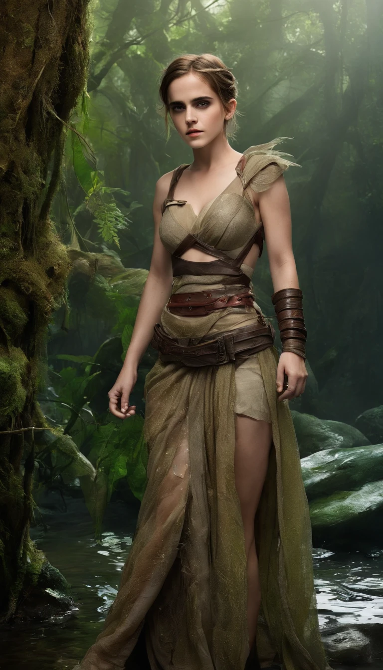 (Emma Watson)
(((Sexy Slave, Jabba The Hut))), (star wars) red slit slave leia dress, enchanted forest at twilight, ethereal light filtering through ancient towering trees, vividly detailed lush undergrowth, mystical creatures lurking in the shadows, sparkling fairy lights weaving through the foliage, a crystal-clear stream with water so pure it glows, cascading waterfall in the background with magical properties, fantasy wildlife drinking at the water's edge, highly detailed, photorealistic textures on every surface