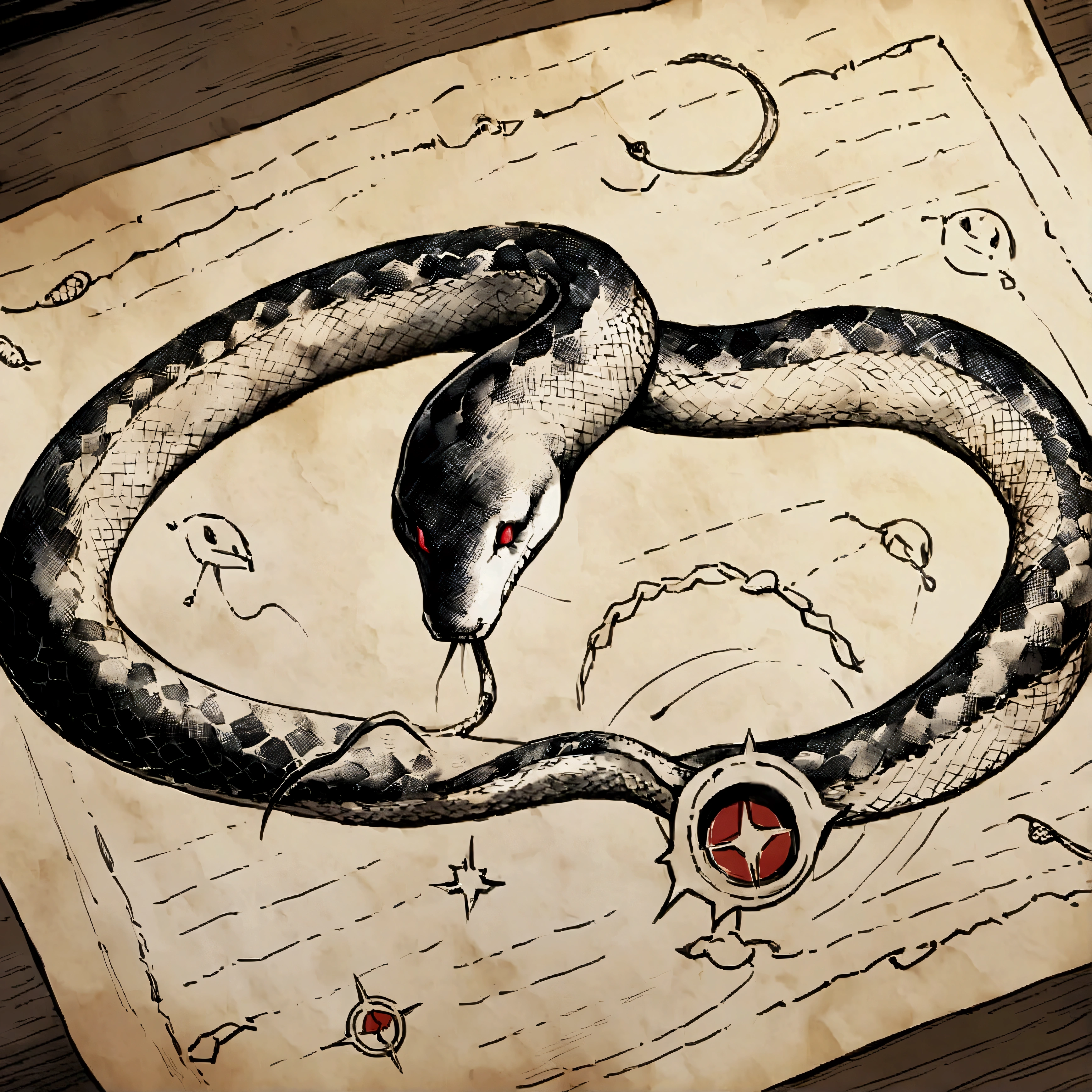 Ouroboros, snake eating its own tail, snake with its tail in its mouth, single snake, solo snake, drawn on ancient parchment paper.
