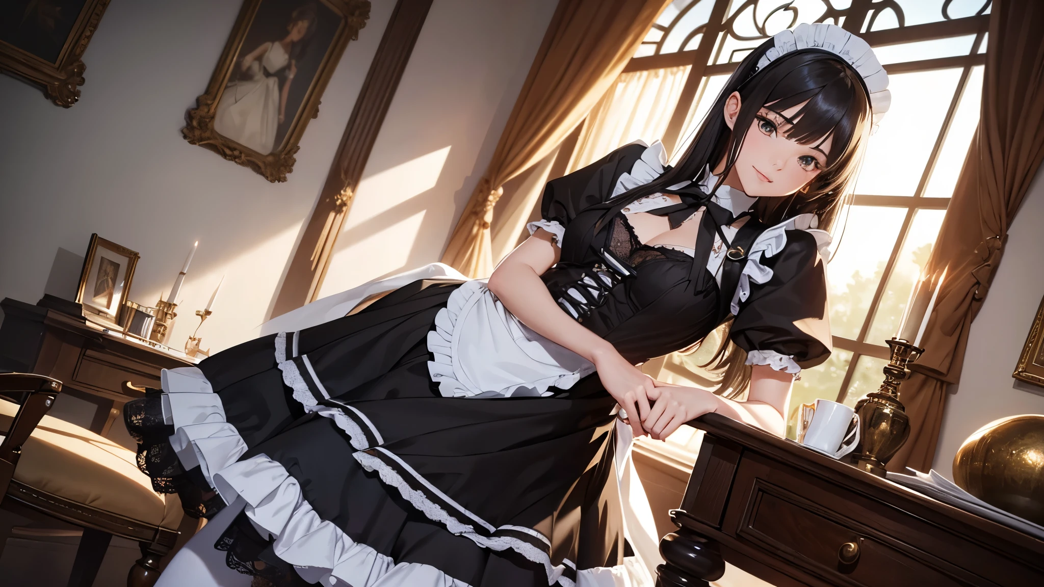 ((correct anatomy)), (masterpiece, high resolution,ultra - detailed:1.0),1 girl, solo, Young and beautiful women,eye looking to camera,Perfect female body, , Extremely detailed CG,Unity 8k wallpaper,Complicated details, solo person, (Maid clothes), French Maid Uniform, Maid dress, lace stockings, color difference, Depth of field,dramatic shadow, Ray tracing, Best quality, Cinematic lighting, Beautiful young maid, manipulative cunning, sly dominant maid, lying, older sister, strict and caring, light smile to you