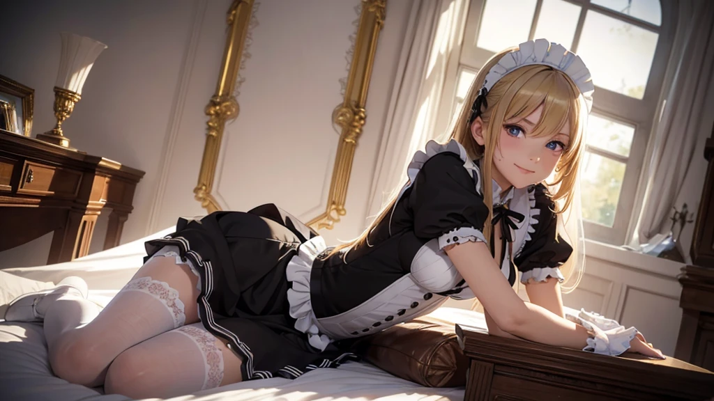 (masterpiece, high resolution,ultra - detailed:1.0),1 girl,Young and beautiful women,eye looking to camera,Perfect female body, , Extremely detailed CG,Unity 8k wallpaper,Complicated details, solo person, (skimpy Maid clothes), French Maid Open Uniform, short skimpy Maid dress, lace stockings, color difference, Depth of field,dramatic shadow, Ray tracing, Best quality, Cinematic lighting, Beautiful young maid, manipulative cunning, sly dominant maid, cruel, deceitful, fake smiles, secretly despite you, blonde