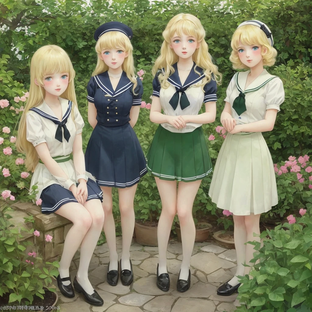 3 girls, long hair, Big , Blushing, blond, Green-eyed sailor suit short skirt 1933 style cute and beautiful girl 18 years old in the garden 美麗的長腿