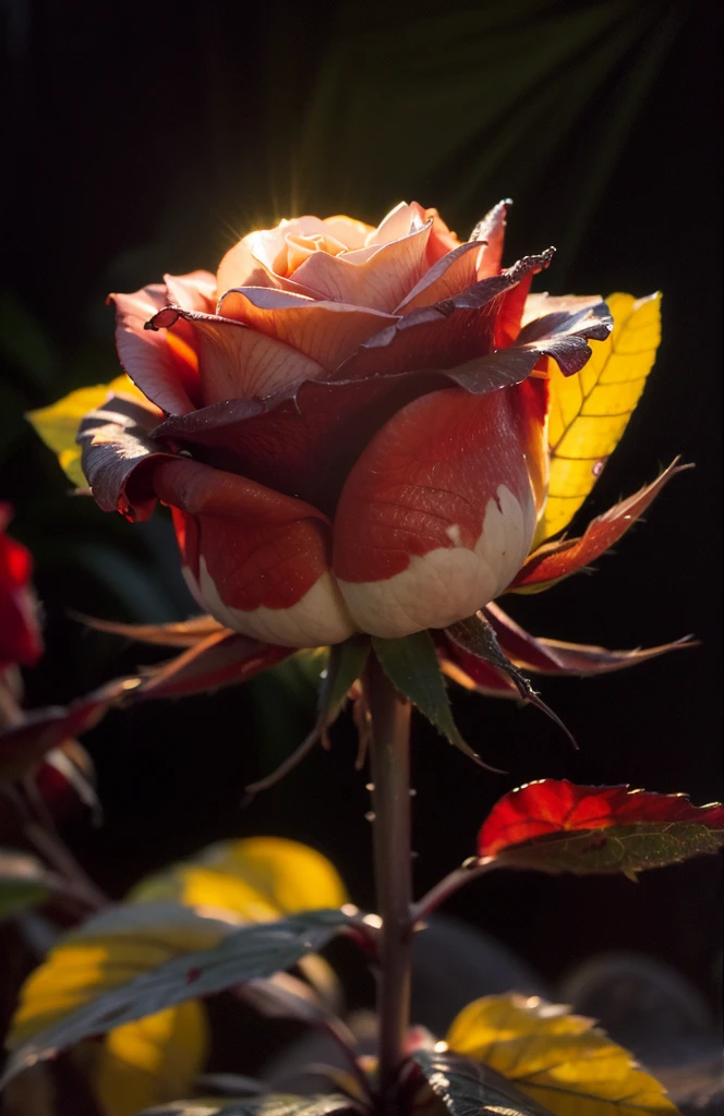 macro photography, dark red rose, morning dew, golden hour, god rays, Hyperrealistic art cinematic film still photography in the style of detailed hyperrealism photoshoot. [Entire scene is surrounded by mist, evoking a mysterious and eerie atmosphere. The lighting is dark and atmospheric, with smoke adding a touch of sinister ambiance. Best quality image, HDR enhancement, showcasing the utmost level of detail and realism, full body shot:1.5]. [8K, Best Quality, Ultra High Resolution, (highly detailed CG unity 8k wallpaper), (best photo), (best shadows), isometric 3D, octane rendering, ray tracing, highly detailed, (Best quality, 4K, 8k:1.2), absurdity, ultra detailed, (realistic, photorealistic, photorealistic:1.37), complex parts, HDR, (complex parts:1.12), (hyper detailed, hyper realistic, Soft lighting, spicy:1.2), (complex parts, Hyper detailed:1.15). Blurred foreground. (backlit), masterpiece, high quality, brightness, chromatic aberration, foggy smoke, shadows, contrast, clear sky, (warm hue, warm tone), high details, natural reflections].