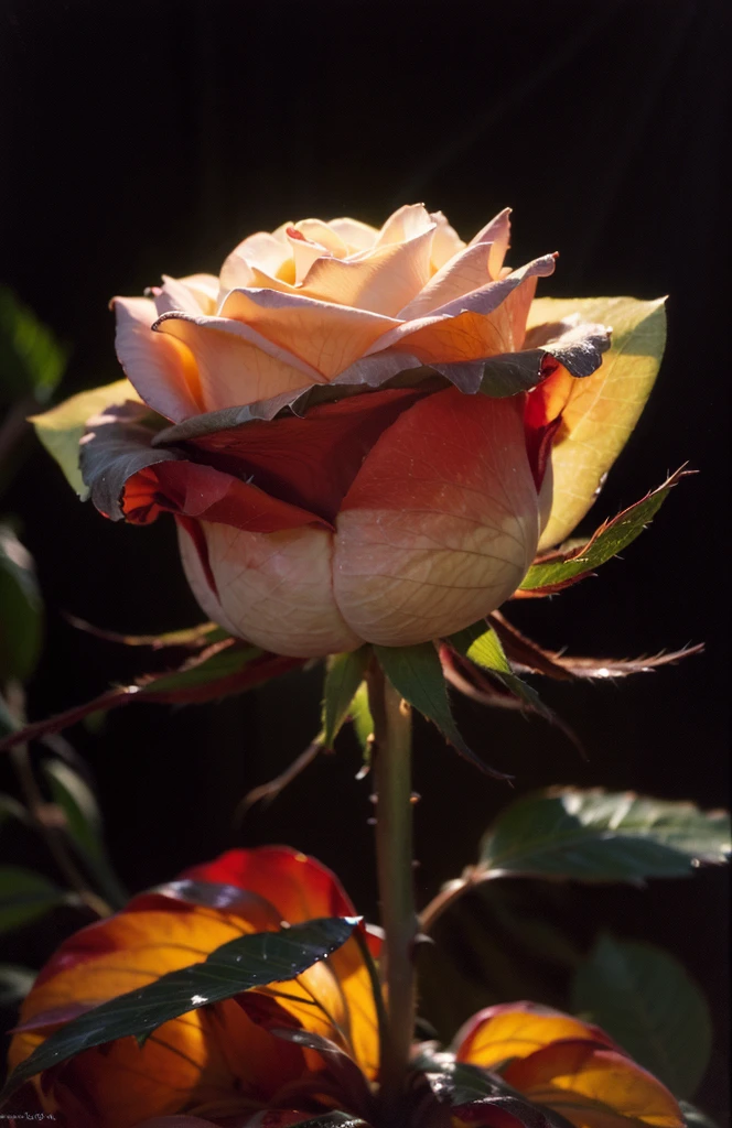 macro photography, dark red rose, morning dew, golden hour, god rays, Hyperrealistic art cinematic film still photography in the style of detailed hyperrealism photoshoot. [Entire scene is surrounded by mist, evoking a mysterious and eerie atmosphere. The lighting is dark and atmospheric, with smoke adding a touch of sinister ambiance. Best quality image, HDR enhancement, showcasing the utmost level of detail and realism, full body shot:1.5]. [8K, Best Quality, Ultra High Resolution, (highly detailed CG unity 8k wallpaper), (best photo), (best shadows), isometric 3D, octane rendering, ray tracing, highly detailed, (Best quality, 4K, 8k:1.2), absurdity, ultra detailed, (realistic, photorealistic, photorealistic:1.37), complex parts, HDR, (complex parts:1.12), (hyper detailed, hyper realistic, Soft lighting, spicy:1.2), (complex parts, Hyper detailed:1.15). Blurred foreground. (backlit), masterpiece, high quality, brightness, chromatic aberration, foggy smoke, shadows, contrast, clear sky, (warm hue, warm tone), high details, natural reflections].