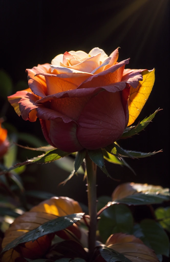 macro photography, dark red rose, morning dew, golden hour, god rays, Hyperrealistic art cinematic film still photography in the style of detailed hyperrealism photoshoot. [Entire scene is surrounded by mist, evoking a mysterious and eerie atmosphere. The lighting is dark and atmospheric, with smoke adding a touch of sinister ambiance. Best quality image, HDR enhancement, showcasing the utmost level of detail and realism, full body shot:1.5]. [8K, Best Quality, Ultra High Resolution, (highly detailed CG unity 8k wallpaper), (best photo), (best shadows), isometric 3D, octane rendering, ray tracing, highly detailed, (Best quality, 4K, 8k:1.2), absurdity, ultra detailed, (realistic, photorealistic, photorealistic:1.37), complex parts, HDR, (complex parts:1.12), (hyper detailed, hyper realistic, Soft lighting, spicy:1.2), (complex parts, Hyper detailed:1.15). Blurred foreground. (backlit), masterpiece, high quality, brightness, chromatic aberration, foggy smoke, shadows, contrast, clear sky, (warm hue, warm tone), high details, natural reflections].