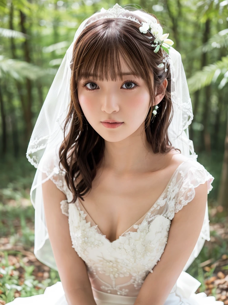 One Girl, (beautiful girl, Delicate girl:1.3), (:1.3),
break, (Bride Costume:1.3),
break, (Sitting in the forest:1.2),
break, Very beautiful eyes, (Symmetrical eyes:1.3),
break, Small breasts, Brown eyes, Parted bangs, Brown Hair, (Upper teeth, The best smile:0.2),
break, (Eye and facial details:1.0),
break, (masterpiece, Highest quality, Very detailed, Detailed face, 8k)