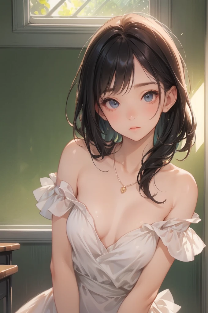 ((beautiful face))、very delicate facial、creamy、masterpiece、1 girl、14talent、small breasts、small breasts、small breasts、highest quality、ultra high resolution、(photorealistic:1.4)、whole body、、shine softly、great scene lighting、(inside the classroom)、((black off) -shoulder dress))、look at the audience、necklace