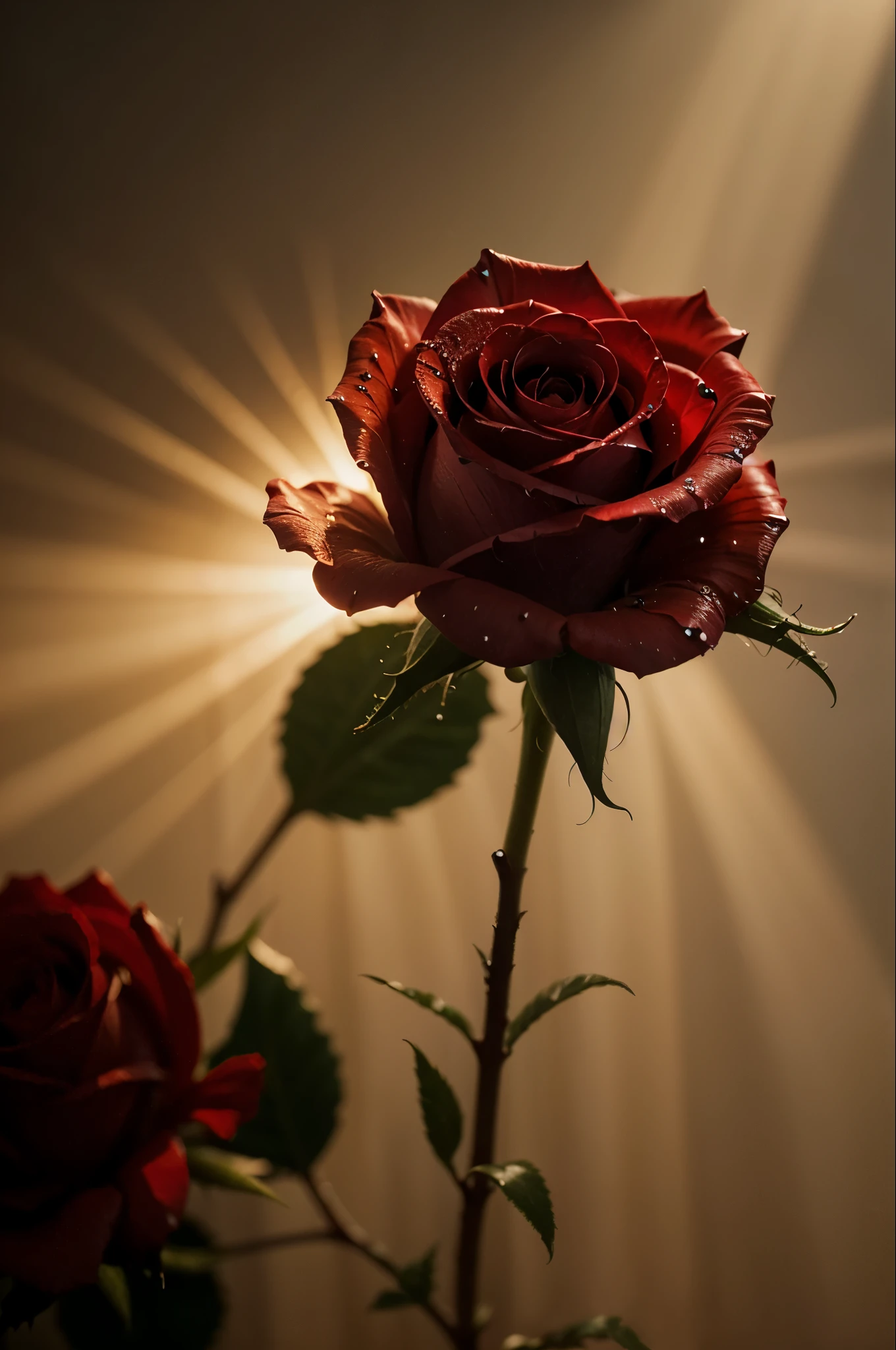 macro photography, dark red rose, morning dew, golden hour, god rays, Hyperrealistic art cinematic film still photography in the style of detailed hyperrealism photoshoot