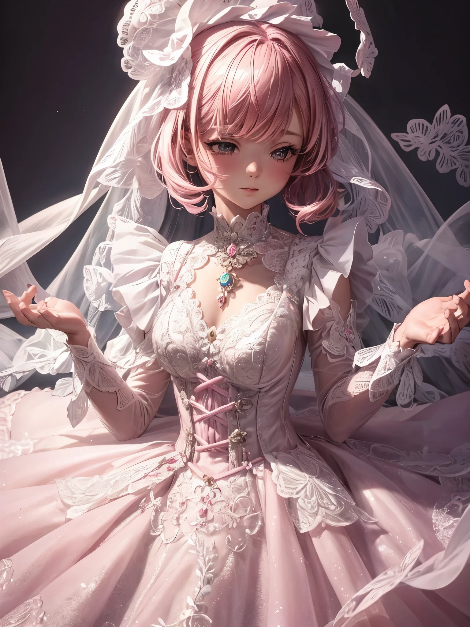 Super delicate cute girl in a ta dress with pink hair. 8K Ultra High Definition, Delicate texture, Pure white background.