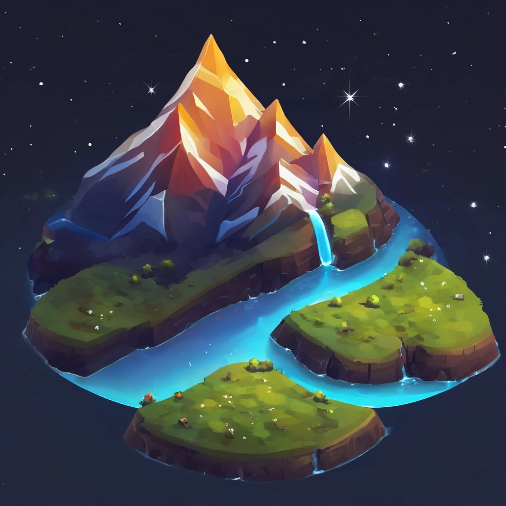 ((masterpiece, best quality)), absurdres, Isometric_Setting, river, small mountains, grassfield, space and stars background
