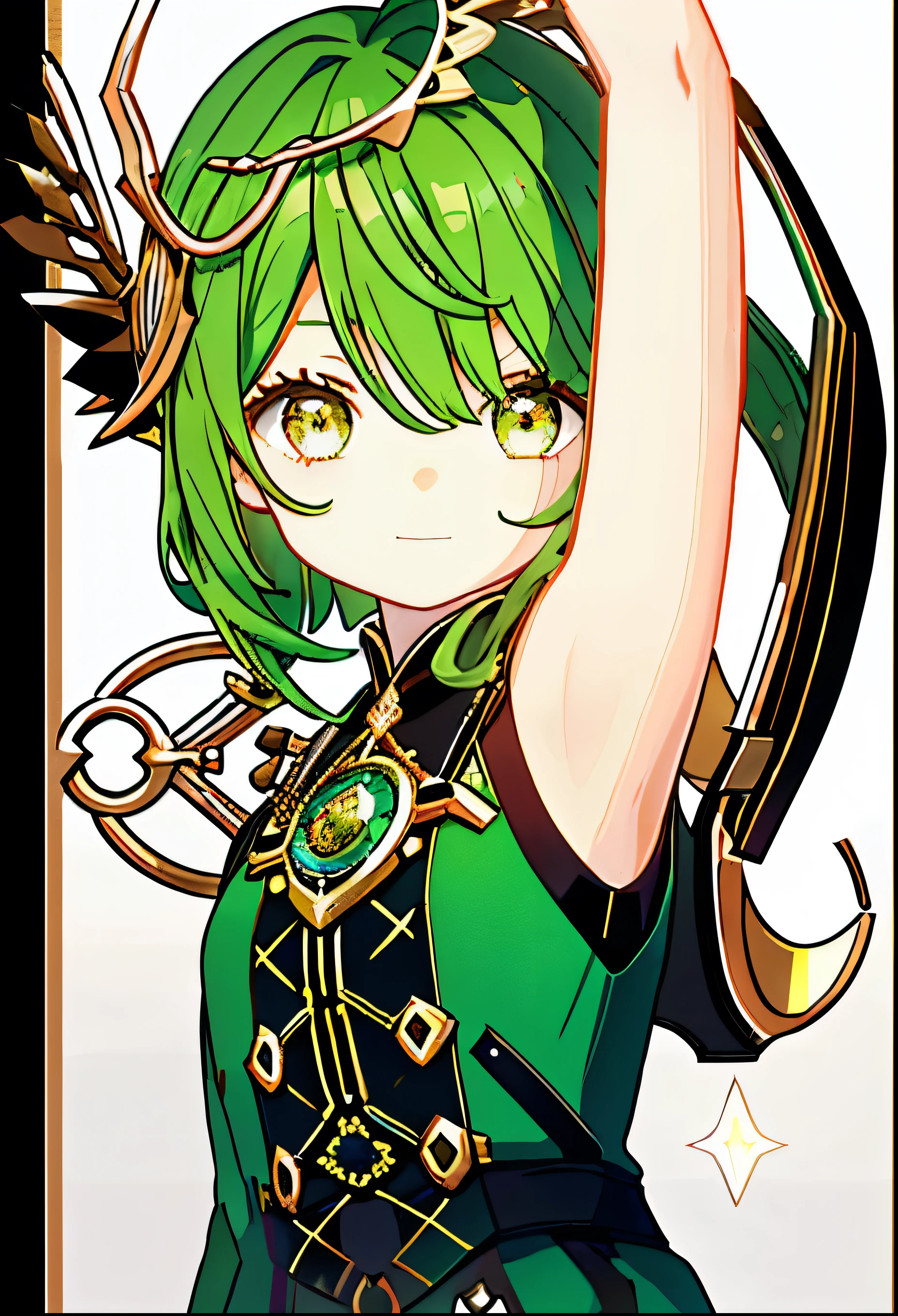 10 years old, 1girl, Green hair, golden eyes, wearing a Mondstadt-inspired dress, posing with a lyre in front of the Anemo Archon statue, looking at the viewer, 10 years old,    detailed face,    detailed eyes, stomach ,loli, ???, kids, 