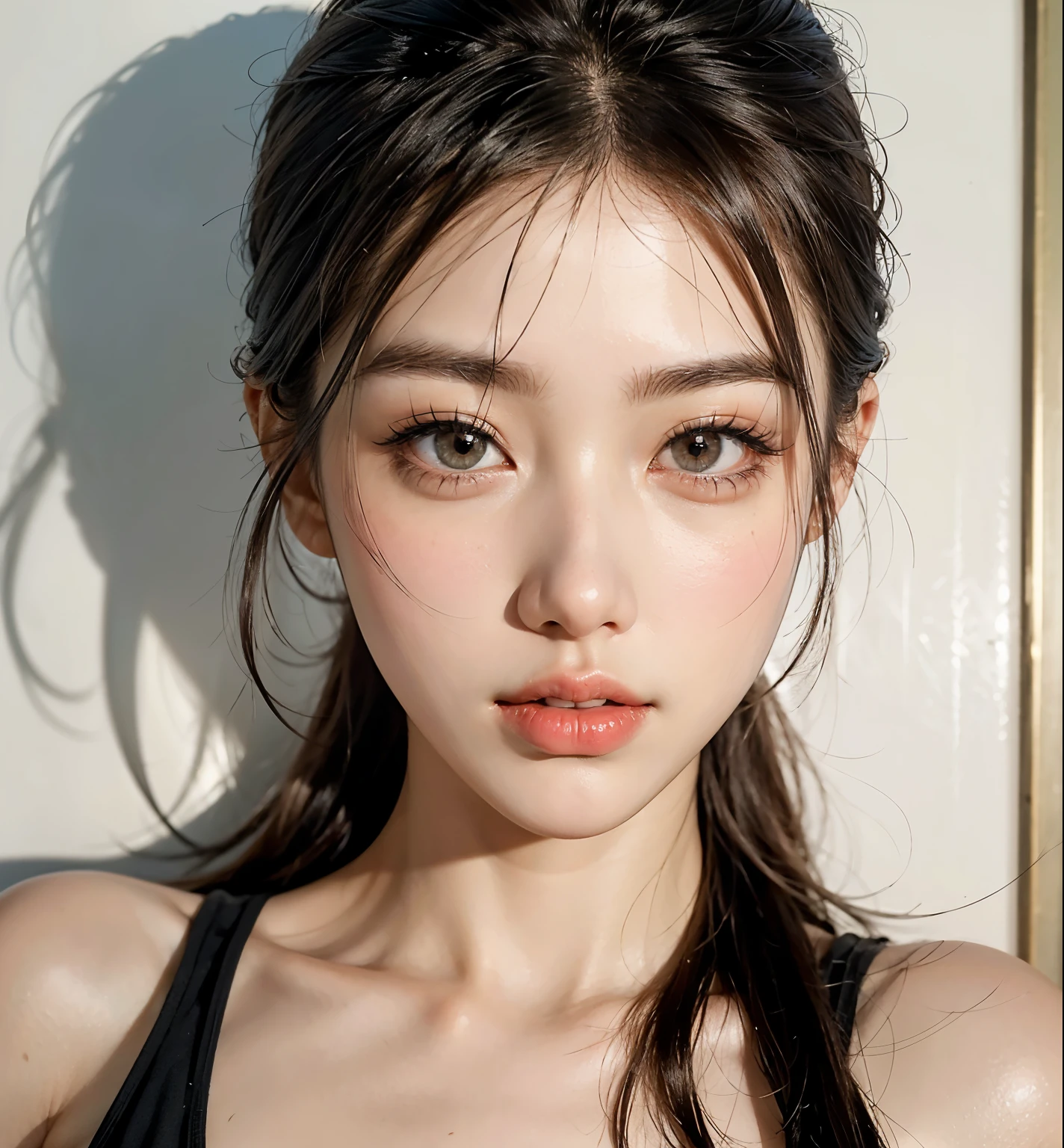 Korean woman, 35-year-old female, woman in her 30s, realistic, surrealism, great detail, best quality, innocence, Neat and neat, long straight hair, transparent makeup, half up hair, Korean idols, Double eyelids