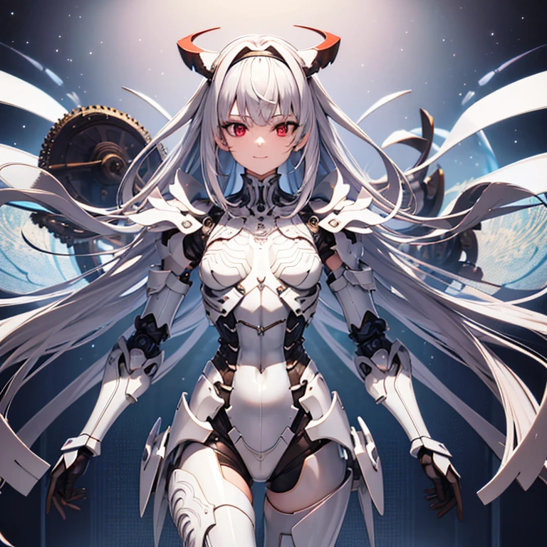 chest, High resolution, gauze, smile, Shortcuts, bangs, Red eyes, Headpiece, Bangs between the eyes, Headband, Horns of the beast, multiview, Decorative art, masterpiece, accurate, Anatomically correct, 最high quality, High resolution, High detail, High-resolution model, high quality, Very detailed, Grey Hair, Silver Hair, Intersecting bangs, chest, Hide your ears, Open your mouth a little, tooth, Smiling with teeth showing, Slanted Eyes, Character portrait, Setting diagram, Status Table, bonus, Character Design画, Headband, Mole at the corner of the mouth, Feather Hair Accessories, Drop Shadow, 8k octane, アニメ, アニメ風, Character Design, Brown skin、Bone wings on the back、Muscle Exposure、Shoulder Bare、Mechanical limbs、(best quality, masterpiece), 1girl, 15 yo,cute, standing girl, three view drawing, front and back and side, character sheet,full body,simple background,
