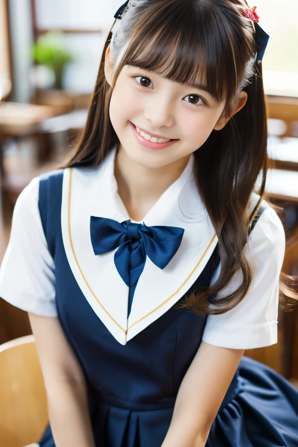 (((masterpiece))), (((Full body photo,Full-body display)))， (Beautiful Japanese Girl, Innocence，cute) ，Ultra-high resolution, Realistic, Ultra-detailed, 8k,Highest quality, Very detailed, Detailed Background,Slender,とてもBeautiful Japanese Girl, Detailed face:1.3), (Fluffy long hair,Black hair tied with a ribbon :1.4), (Baby Face，cute系,Adorable 12 year old girl), (Perfect body:1.1),，Cute Smile:、show me your beautiful teeth、非常にDetailed face、Detailed lips、Detailed eyes、 gravure idol，Clear Skin、Realistic:1.37，No makeup，Neutral lighting,(Highest quality, masterpiece), (One girl, school uniform,Navy blue dress,Neck ribbon,View your viewers, Mouth closed,),Pose to be pampered,In the classroom，Bright lighting
