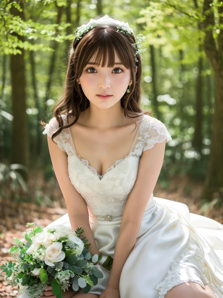 One Girl, (beautiful girl, Delicate girl:1.3), (************:1.3),
break, (Bride Costume:1.3),
break, (Sitting in the forest:1.2),
break, Very beautiful eyes, (Symmetrical eyes:1.3),
break, Small breasts, Brown eyes, Parted bangs, Brown Hair, (Upper teeth, The best smile:0.2),
break, (Eye and facial details:1.0),
break, (masterpiece, Highest quality, Very detailed, Detailed face, 8k)