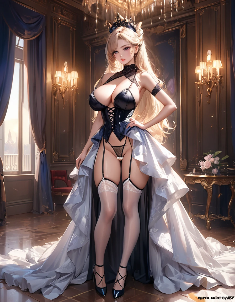 araffe in a corset and stockings posing in a room, intricate wlop, wlop jeremy lipkin, wlop and ross tran, beautiful alluring anime woman, captivating and enticing, elegant glamourous cosplay, stunning cgsociety, beautiful maiden, fantasy gorgeous lighting, honey birdette, wlop and artgerm, wlop art, beautiful women, lace-up corset , huge breasts,small hip, slender women, soft skirt, high slit ,royal palace,long dress, layered skirt, skirt lift, wedgie panties , high heels, accessory, thigh high, lace-up lingerie, sexy adult woman,((pearl thong,crotchless panties, nsfw, pussy, cameltoe, detailed pussy )) 