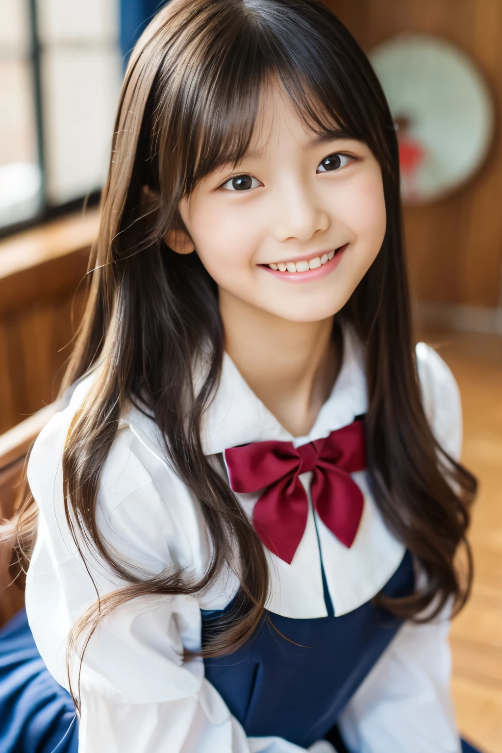 (((masterpiece))), (((Full body photo,Full-body display)))， (Beautiful Japanese Girl, Innocence，cute) ，Ultra-high resolution, Realistic, Ultra-detailed, 8k,Highest quality, Very detailed, Detailed Background,Slender,とてもBeautiful Japanese Girl, Detailed face:1.3), (Fluffy long hair,Black hair tied with a ribbon :1.4), (Baby Face，cute系,Adorable 12 year old girl), (Perfect body:1.1),，Cute Smile:、show me your beautiful teeth、非常にDetailed face、Detailed lips、Detailed eyes、 gravure idol，Clear Skin、Realistic:1.37，No makeup，Neutral lighting,(Highest quality, masterpiece), (One girl, school uniform,Navy blue dress,Neck ribbon,View your viewers, Mouth closed,),Pose to be pampered,In the classroom，Bright lighting
