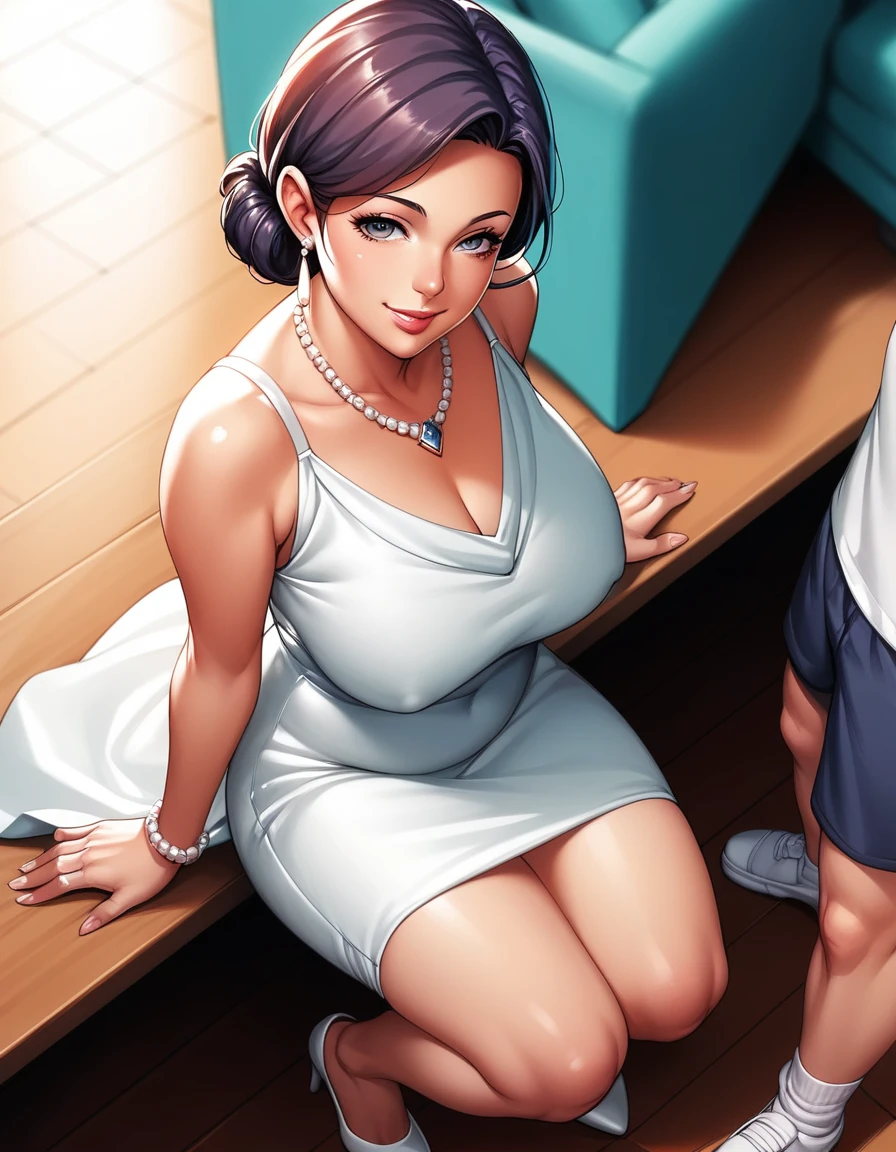 score_9, score_8_up, score_7_up, source_anime, 1boy, 1girl, high class mature female, mother and stepson , mature male, seductive smile, looking at viewer, The mother is on her knees, in front of stepson, stepson legs only visible white luxury dress, from above, (focus on her face and tits), kneeing on flooron