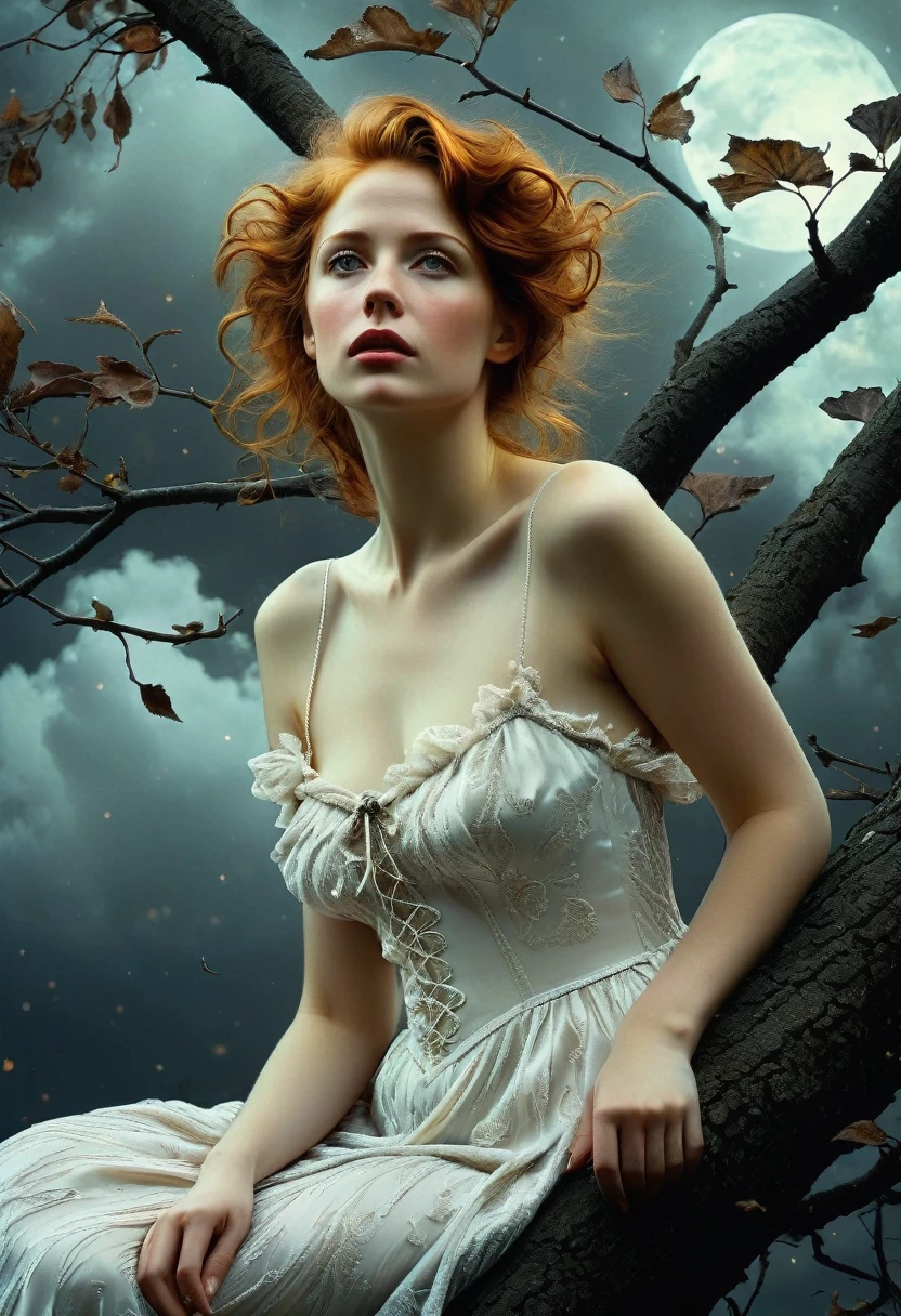 Full portrait, Realistic, Photorealistic, analog photo, Highly detailed, cinematic rendering, Wild Dead Forest, evening, Cute 24-year-old woman, Leaning back in a tree and looking up at the grey cloudy sky, Redhead, Sexy, Dressed in a white tattered nightgown, Black leaves float in the air, Behold, the glittering particles flutter, classical painting composition, Dark gloomy background, An atmosphere of melancholy and sadness, surreal photo, by Alphonse Mucha, detailed perfect face, Melancholic eyes, Faded colors, cinematic  composition