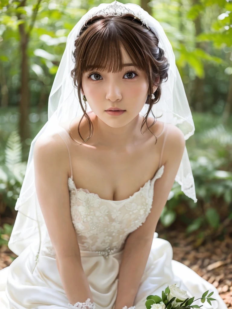 One Girl, (beautiful girl, Delicate girl:1.3), (:1.3),
break, (Bride Costume:1.3),
break, (Sitting in the forest:1.2),
break, Very beautiful eyes, (Symmetrical eyes:1.3),
break, Small breasts, Brown eyes, Parted bangs, Brown Hair, (Upper teeth, The best smile:0.2),
break, (Eye and facial details:1.0),
break, (masterpiece, Highest quality, Very detailed, Detailed face, 8k)
