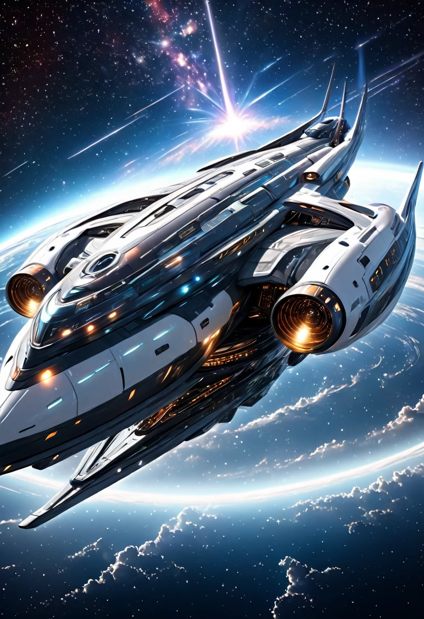 conceptual installation fantasy art, (huge spaceship:1.1), background galaxy, cosmic rays, shading effects, gradation magic effects, (ultra detailed, absolutely resolution, best quality:1.3), 2.5D, delicate and dynamic, artistic photography, hyper realistic, graphic CG digital art