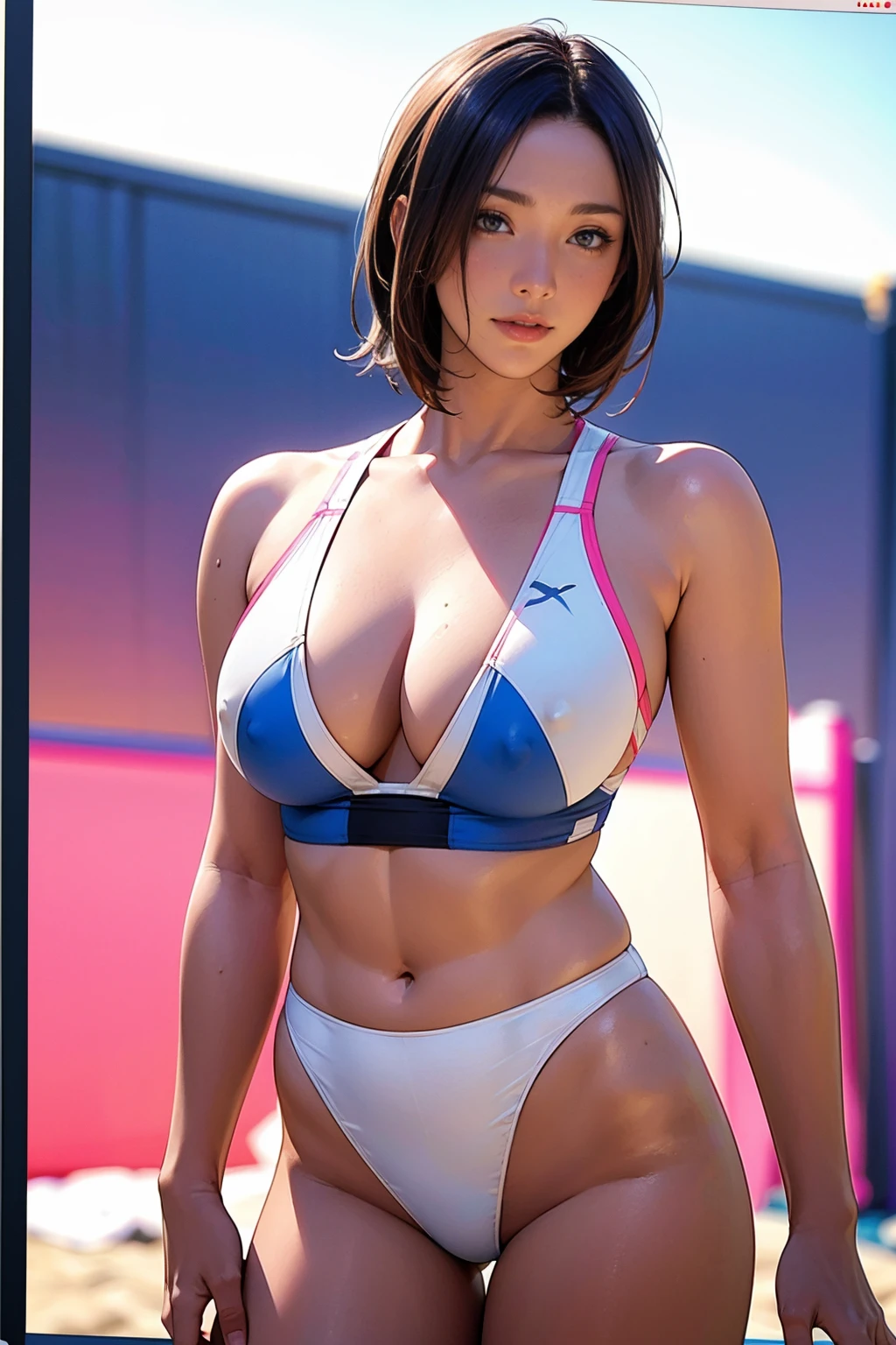 (Two Women),(Two beach volleyball players standing side by side:1.5),(Japanese),(Same beach volleyball team:1.5),(Beach volleyball pink color tight high leg bikini:1.3),(Wearing the same thing:1.5),(short hair:1.3),rest(whole body:1.5),(Beautiful Eyes),(Pretty face),(Very detailedな顔:1.5),(Very detailed female hand:1.5),(Sunburn:1.3),(puffy nipple:1.35),(muscular:1.3),(Thick thighs:1.5),(Clear blue sky in the background:1.2),(((Blurred Background:1.5))),(Soft lighting:1.5),(Depth of written border:1.5),rest(((masterpiece:1.5),(Highest quality:1.5),(Very detailed:1.5),(High res
