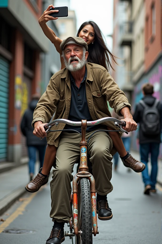A weathered old man, clad in tattered clothes that tell tales of a life on the streets, pedals a rusting bicycle adorned with vibrant stickers and a few quirky modifications, creating a striking contrast against his worn appearance. Perched on the handlebars is a glamorous Instagram influencer, her stylish attire and perfectly styled hair contrasting sharply with the bike’s dilapidated condition, as she effortlessly poses for a selfie amidst the urban backdrop. The scene unfolds on a bustling city street, filled with colorful graffiti on brick walls and passersby glancing curiously at this unlikely duo, encapsulating a playful blend of grit and glamour, framed by an energetic and bustling environment.