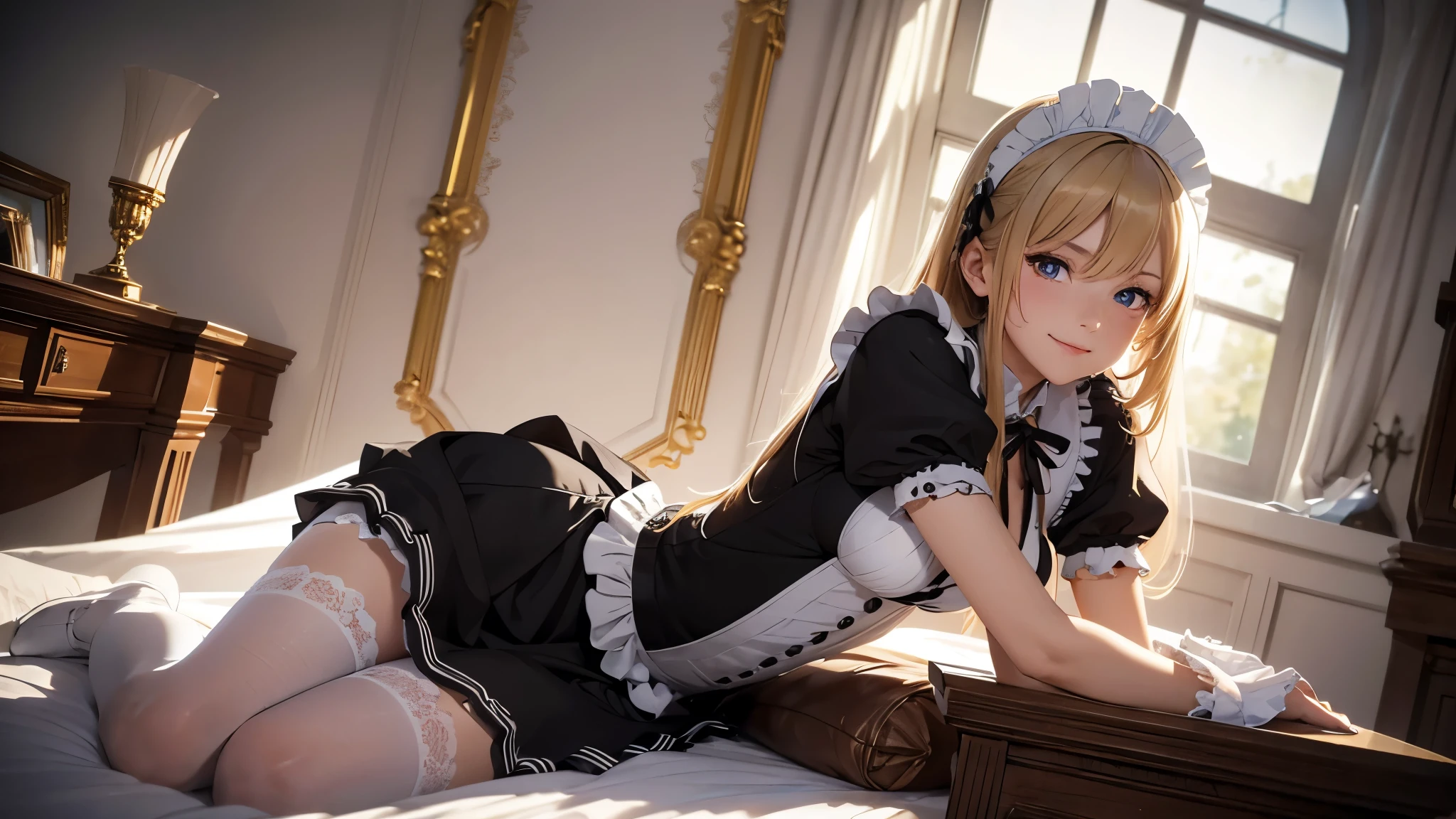 ((correct anatomy)), (masterpiece, high resolution,ultra - detailed:1.0),1 girl, solo, Young and beautiful women,eye looking to camera,Perfect female body, , Extremely detailed CG,Unity 8k wallpaper,Complicated details, solo person, (Maid clothes), French Maid Uniform, Maid dress, lace stockings, color difference, Depth of field,dramatic shadow, Ray tracing, Best quality, Cinematic lighting, Beautiful young maid, manipulative cunning, sly dominant maid, lying, older sister, strict and caring, a mischievous little smile at you, blonde, looking straight into the camera