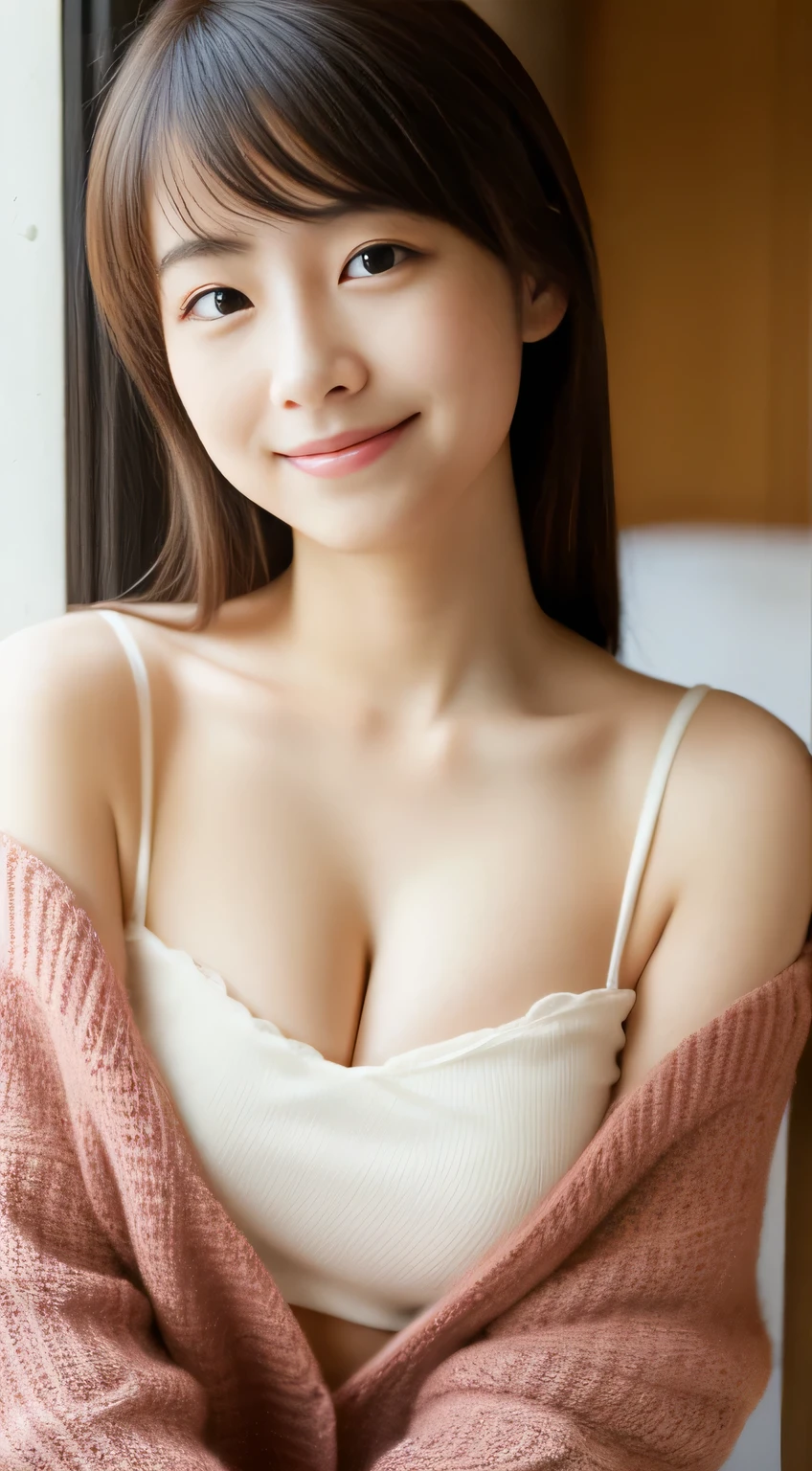 masterpiece,best quality,(Japanese girl),((Beautiful girl)),cleavage,(off shoulder:1.2),(perfect body beauty:1.2),(shy smile),from above