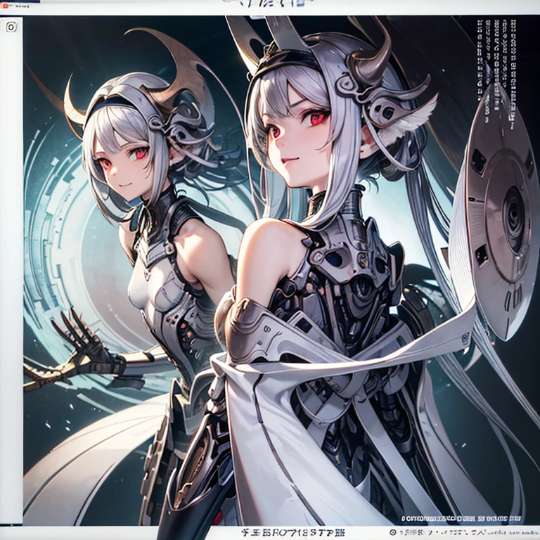 (best quality, masterpiece), 1girl, 15 yo,cute, standing girl, three view drawing, front and back and side, character sheet,full body,simple background, chest, High resolution, gauze, smile, Shortcuts, bangs, Red eyes, Headpiece, Bangs between the eyes, Headband, Horns of the beast, multiview, Decorative art, masterpiece, accurate, Anatomically correct, 最high quality, High resolution, High detail, High-resolution model, high quality, Very detailed, Grey Hair, Silver Hair, Intersecting bangs, chest, Hide your ears, Open your mouth a little, tooth, Smiling with teeth showing, Slanted Eyes, Character portrait, Setting diagram, Status Table, bonus, Character Design画, Headband, Mole at the corner of the mouth, Feather Hair Accessories, Drop Shadow, 8k octane, アニメ, アニメ風, Character Design, Brown skin、Bone wings on the back、Muscle Exposure、Shoulder Bare、Mechanical limbs、
