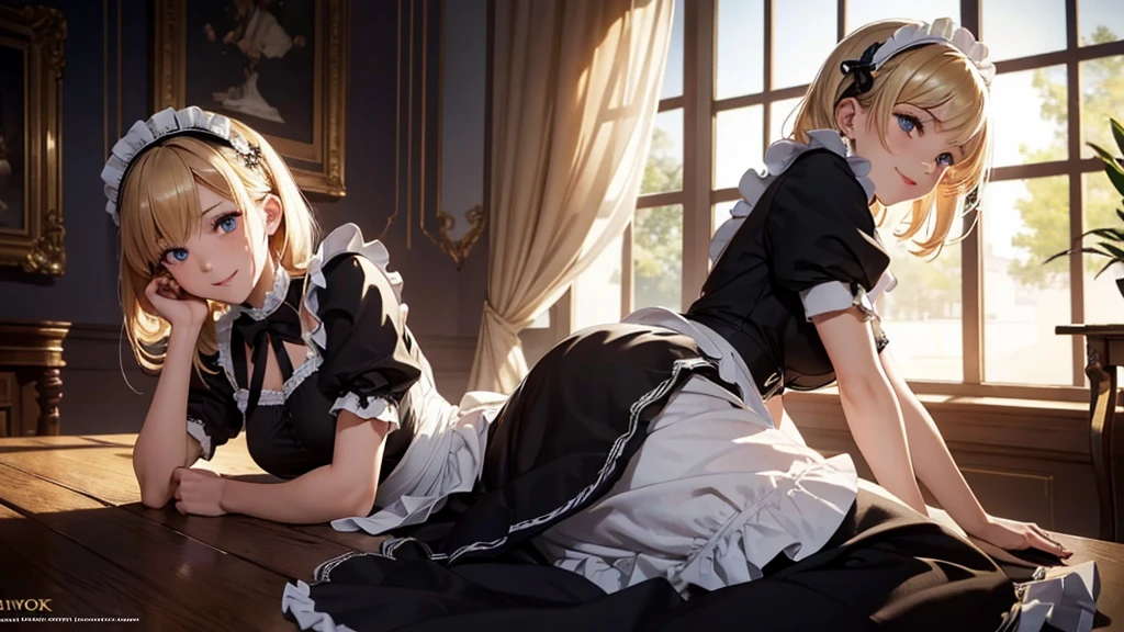 ((correct anatomy)), (masterpiece, high resolution,ultra - detailed:1.0),1 girl, solo, Young and beautiful women,eye looking to camera,Perfect female body, , Extremely detailed CG,Unity 8k wallpaper,Complicated details, solo person, (Maid clothes), French Maid Uniform, Maid dress, lace stockings, color difference, Depth of field,dramatic shadow, Ray tracing, Best quality, Cinematic lighting, Beautiful young maid, manipulative cunning, sly dominant maid, lying, older sister, strict and caring, a mischievous little smile at you, blonde, looking straight into the camera