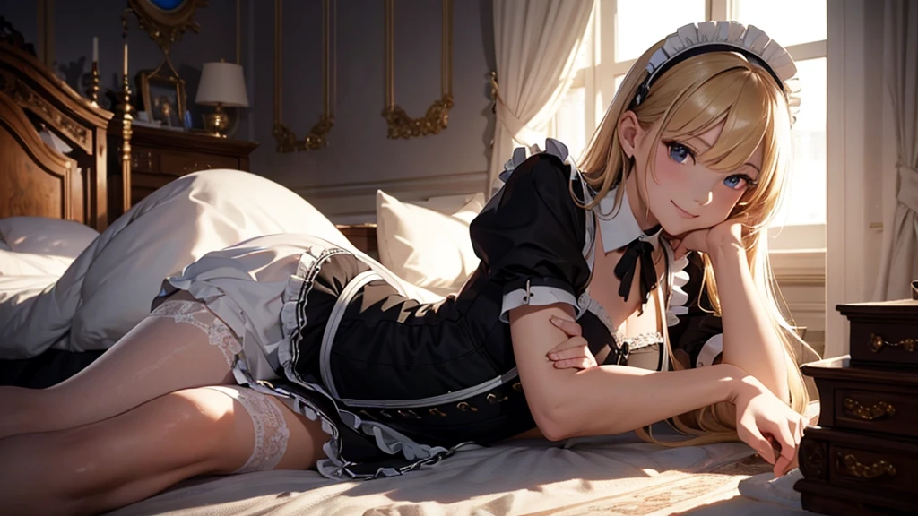 ((correct anatomy)), (masterpiece, high resolution,ultra - detailed:1.0),1 girl, solo, Young and beautiful women,eye looking to camera,Perfect female body, , Extremely detailed CG,Unity 8k wallpaper,Complicated details, solo person, (Maid clothes), French Maid Uniform, Maid dress, lace stockings, color difference, Depth of field,dramatic shadow, Ray tracing, Best quality, Cinematic lighting, Beautiful young maid, manipulative cunning, sly dominant maid, lying, older sister, strict and caring, a mischievous little smile at you, blonde, looking straight into the camera