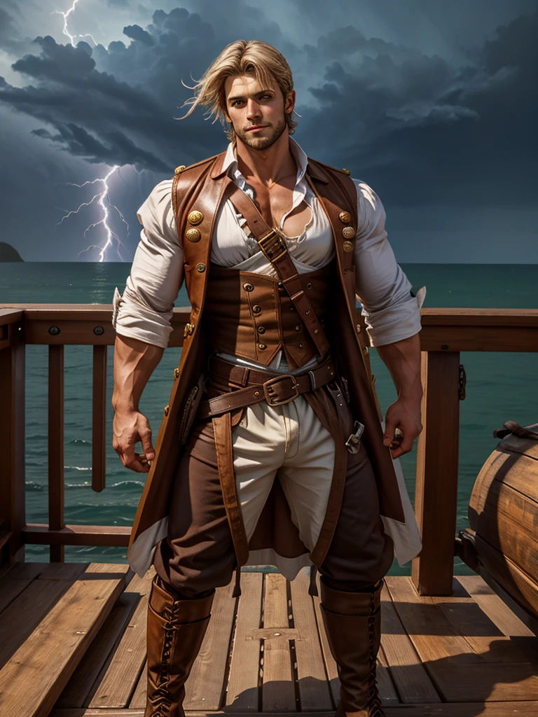 A young pirate with a muscular build and tanned fair skin. Strikingly white short hair fluttering in the wind. Beautiful young pleasant face. he is wearing a pirate costume, consists of a white shirt with rolled up sleeves., dark brown vest, decorated with gold buttons and shoulder straps, and dark brown trousers. Он also wears a brown leather belt with various pouches and sword sheaths.. Он has nice high boots on his feet. Он stands on the deck of a pirate ship at the helm. Lightning flashes and thunder rumbles behind.