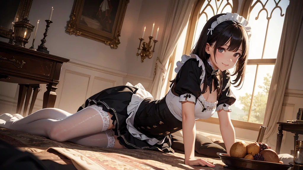 ((correct anatomy)), (masterpiece, high resolution,ultra - detailed:1.0),1 girl, solo, Young and beautiful women,eye looking to camera,Perfect female body, , Extremely detailed CG,Unity 8k wallpaper，Complicated details, solo person, (Maid clothes), French Maid Uniform,  Maid dress, lace stockings, color difference, Depth of field,dramatic shadow, Ray tracing, Best quality, Cinematic lighting, Beautiful young maid, manipulative cunning, sly dominant maid, lying, older sister, strict and caring, a mischievous little smile at you, looking straight into the camera