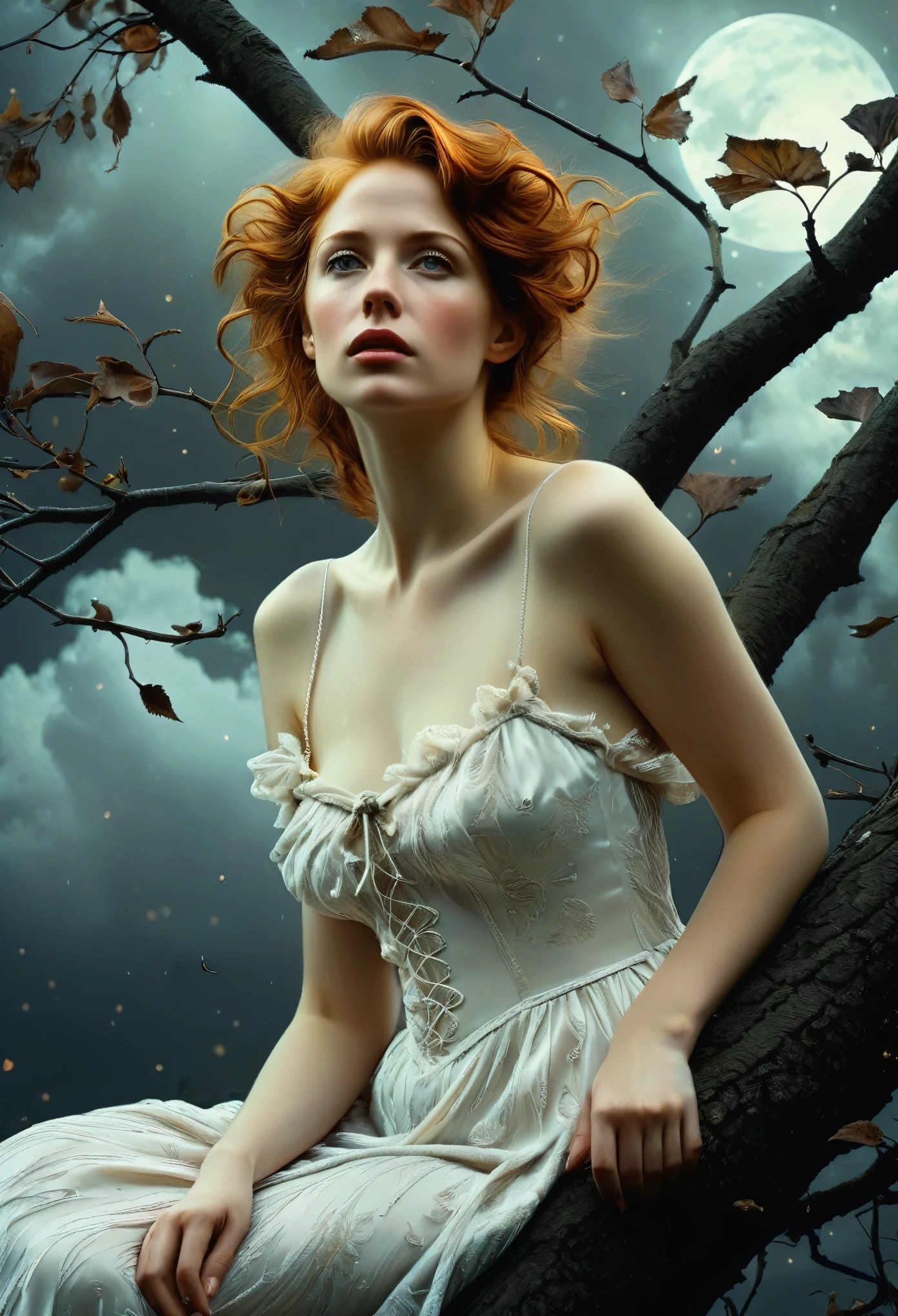 Full portrait, Realistic, Photorealistic, analog photo, Highly detailed, cinematic rendering, Wild Dead Forest, evening, Cute 24-year-old woman, Leaning back in a tree and looking up at the grey cloudy sky, Redhead, Sexy, Dressed in a white tattered nightgown, Black leaves float in the air, Behold, the glittering particles flutter, classical painting composition, Dark gloomy background, An atmosphere of melancholy and sadness, surreal photo, by Alphonse Mucha, detailed perfect face, Melancholic eyes, Faded colors, cinematic  composition