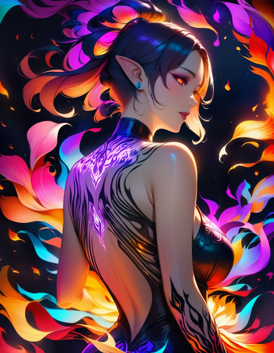 Arafed, Dark fantasy art, fantasy art, goth art, a picture of a tattoo on the back of a female elf, a glowing tattoo of a ((tulip: 1.3)) on the elf's back, the ((tulip tattoo: 1.3)) is vivid, intricate detailed,  GlowingRunesAI_purple, ((fire surrounds the tulip: 1.5)), shot taken from the back, ((the back is visible: 1.3), she wears a transparent red dress, the dress is elegant, flowing, elven style, that the tattoos glow, dynamic hair color, dynamic hair style,  vibrant, Ultra-high resolution, High Contrast, (masterpiece:1.5),  highest quality, Best aesthetics, best details, best quality, highres, 16k, (ultra detailed: 1.5), masterpiece, best quality, (extremely detailed) RAW, (ultra details, Masterpiece, best quality) faize, Digital Painting, 