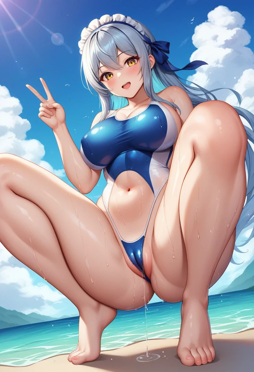 One girl, long hair, medium-large breasts, (medium-large breasts: 1.4), thick thighs, (thick thighs: 1.2), silver hair, golden eyes, frilly hairband, ribbon, belly button, swimsuit, string swimsuit, V-shaped string swimsuit, V-shaped one-piece swimsuit, hair ribbon, thighs, outdoors, sky, barefoot, alternative costume, daytime, clouds, water, stomach, blue sky, wet, minimal cover monokini micro V-shaped G-string one-piece swimsuit, ocean, beach, squatting, blue minimal cover monokini micro V-shaped G-string one-piece swimsuit, partially visible vulva, accentuated breasts