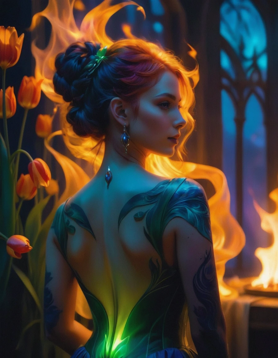 Arafed, Dark fantasy art, fantasy art, goth art, a picture of a tattoo on the back of a female elf, a glowing tattoo of a ((tulip: 1.3)) on the elf's back, the ((tulip tattoo: 1.3)) is vivid, intricate detailed,  GlowingRunesAI_purple, ((fire surrounds the tulip: 1.5)), shot taken from the back, ((the back is visible: 1.3), she wears a transparent red dress, the dress is elegant, flowing, elven style, that the tattoos glow, dynamic hair color, dynamic hair style,  vibrant, Ultra-high resolution, High Contrast, (masterpiece:1.5),  highest quality, Best aesthetics, best details, best quality, highres, 16k, (ultra detailed: 1.5), masterpiece, best quality, (extremely detailed) RAW, (ultra details, Masterpiece, best quality) faize, Digital Painting, 