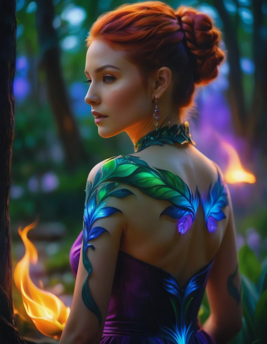 Arafed, Dark fantasy art, fantasy art, goth art, a picture of a tattoo on the back of a female elf, a glowing tattoo of a ((tulip: 1.3)) on the elf's back, the ((tulip tattoo: 1.3)) is vivid, intricate detailed,  GlowingRunesAI_purple, ((fire surrounds the tulip: 1.5)), shot taken from the back, ((the back is visible: 1.3), she wears a transparent red dress, the dress is elegant, flowing, elven style, that the tattoos glow, dynamic hair color, dynamic hair style,  vibrant, Ultra-high resolution, High Contrast, (masterpiece:1.5),  highest quality, Best aesthetics, best details, best quality, highres, 16k, (ultra detailed: 1.5), masterpiece, best quality, (extremely detailed) RAW, (ultra details, Masterpiece, best quality) faize, Digital Painting, 