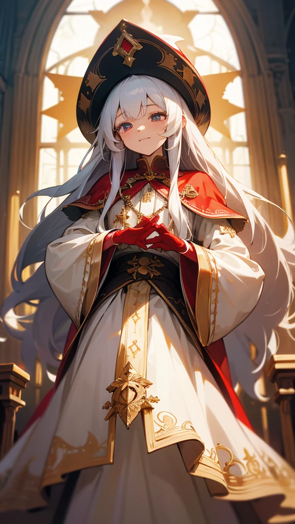 in front of the altar of a majestic church, casting judgement with magic, her voice echoing beautifully. Magic gathers around her, enveloping her in a holy aura as she chants, girl with long white hair, Classic White ballgown、long red embroidered gloves, pope's clothing and hat, long hair, ceremonial robes, mass vestments, enormous puffy sleeves, long cuffs with many buttons, golden embroidery, cross details, Long Train, lots of frills and lace, red capes, gently reaches out to you, gentle smile