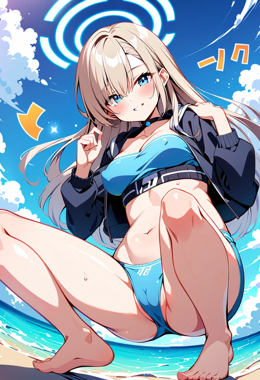 Asuna (Blue Archive)、Female 1 person、solo、Long Hair、chest、Staring at the audience、blush、bangs、blue eyes、ribbon、belly button、water着、ストリングwater着、V 字ストリングwater着、V 字ワンピースwater着、ヘアribbon、Thighs、Outdoor、null、barefoot、Different costumes、Daytime、cloud、water、stomach、mole、Hair over one eye、青null、Wet、ミニマルカバーモノキニマイクロ V 字 G ストリングワンピースwater着、Ocean、Halo、Beach、Crouching、Light Brown Hair、青いミニマルカバーモノキニマイクロ V 字 G ストリングワンピースwater着、Partially visible vulva、強調されたchest