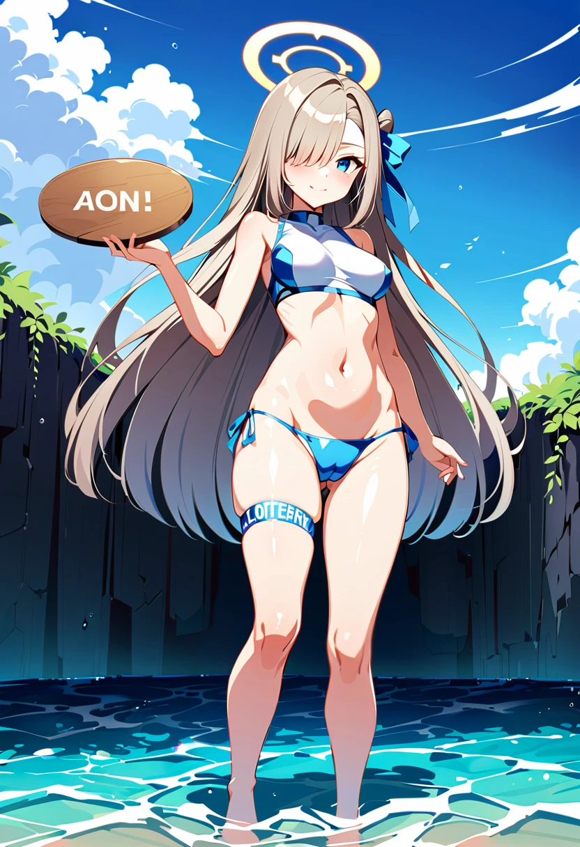 Asuna (Blue Archive)、Female 1 person、solo、Long Hair、chest、Staring at the audience、blush、bangs、blue eyes、ribbon、belly button、water着、ストリングwater着、V 字ストリングwater着、V 字ワンピースwater着、ヘアribbon、Thighs、Outdoor、null、barefoot、Different costumes、Daytime、cloud、water、stomach、mole、Hair over one eye、青null、Wet、ミニマルカバーモノキニマイクロ V 字 G ストリングワンピースwater着、Ocean、Halo、Beach、Crouching、Light Brown Hair、青いミニマルカバーモノキニマイクロ V 字 G ストリングワンピースwater着、Partially visible vulva、強調されたchest