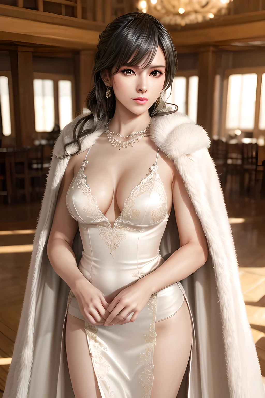 A lady with extraordinary temperament, she stands in a modern indoor space, as if she is a model from a fashion magazine. She is wearing a (pure white long fur cape), the softness and luster of which makes her look more noble under the light, and complements her (beige dress) underneath, showing her gentle temperament while maintaining a sense of fashion. The style of the dress is simple and generous, a perfect match, and it lengthens her figure, making her tall and charming. The lady's makeup is delicate and elegant, which just highlights her facial features and makes people unforgettable at first sight. Although the earrings and necklace she wears are not ostentatious, they add a bit of sophistication and nobility to her overall look. Her hair is casually draped over her shoulders, and every strand of hair exudes a natural luster,, (best quality,8k,highres,masterpiece:1.2),ultra-detailed,(realistic,photorealistic,photo-realistic:1.37),studio lighting,ultra-fine painting,sharp focus,physically-based rendering,extreme detail description,professional,vivid colors